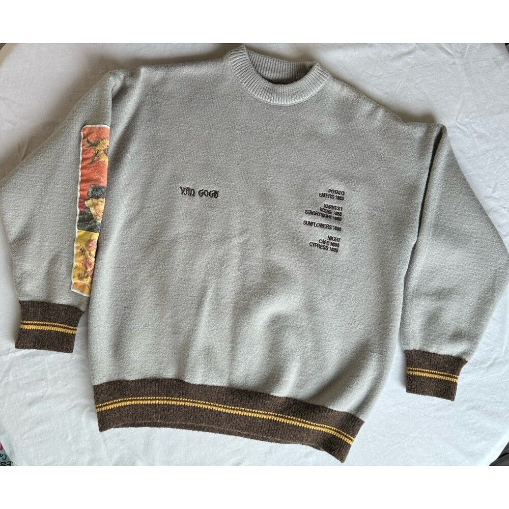 Aelfric Eden Van Gogh Sunflowers Sweater Gray Brown Yellow Graphic Embroidered
